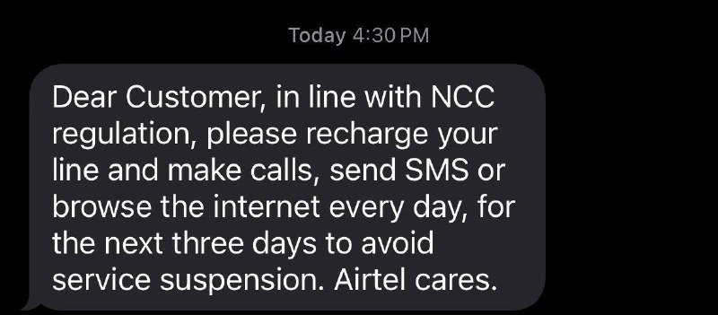 收到这条短信的Airtel用户，需要连发四天短信（每天发一条，连发四天）才可以解除限制，建议和群友互发，当然也可以发给小白鼠：+234 903 929 8296⛱️标签：#Airtel #通知🌠频道：@ArgunRiver🌌投稿：@ArgunRiver_bot