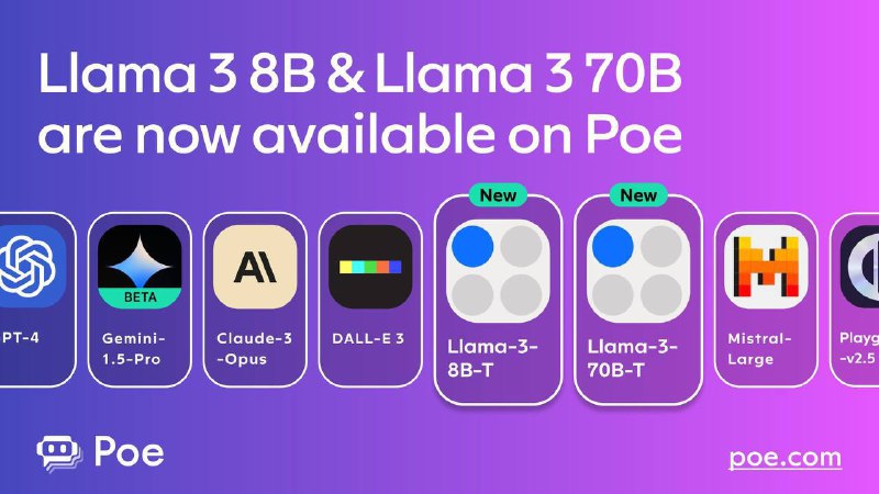 Meta AI的Llama 3模型现已在Poe上可用Poe官方X账号刚才发布推文，宣布由Meta最近推出的Llama系列AI模型现已在Poe上可用
