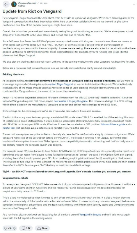 拳头否认《英雄联盟》反作弊程序导致电脑无法启动《英雄联盟》在5月1日引入了新的Vanguard系统，旨在打击作弊行为