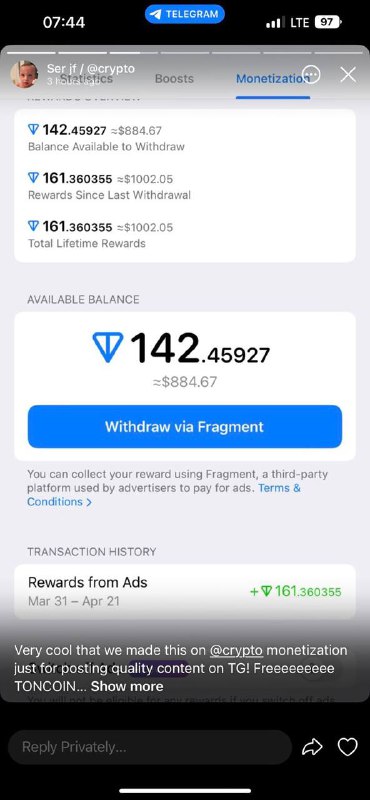 一名X博主分享了其Telegram频道分到的收入他的频道共有约54000名订阅者，在20天内共收获分成总计达142.45TON，约合$884.67